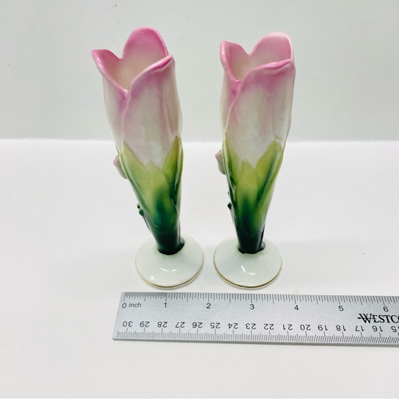 Vintage 2 Lefton Hand Painted Pink & Green Bud Vases Japan Tiny Crazing on Base - Picture 10 of 10
